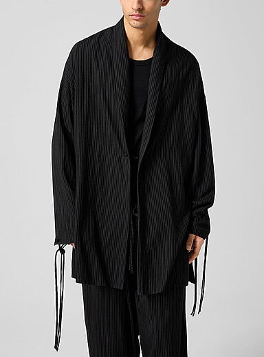 Yohji Yamamoto: Le long veston fluide fines rayures manches ouvertes Noir pour homme