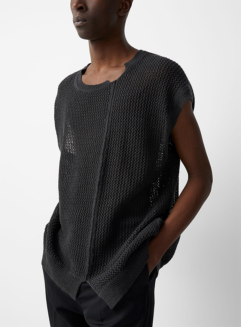 Yohji Yamamoto Charcoal Deconstructed openwork sweater for men