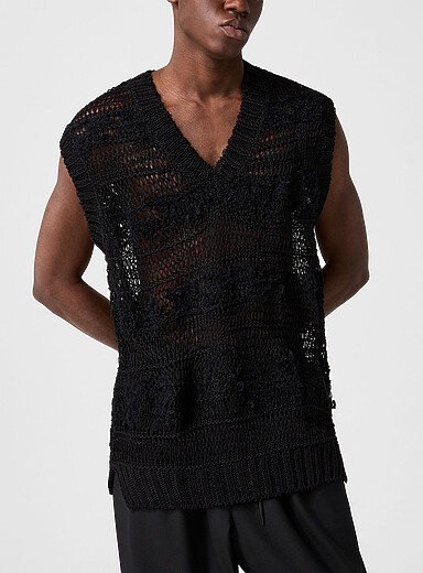 Yohji Yamamoto: Le d&eacute;bardeur col V tricot ajour&eacute; Noir pour homme