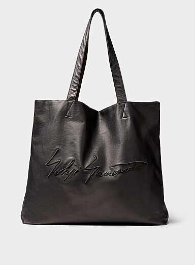 Embroidered signature leather tote bag
