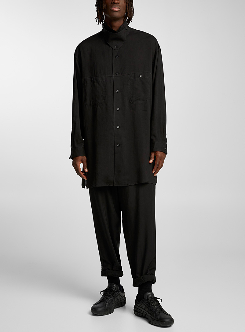 Yohji Yamamoto Black Long cellulose shirt with chinstrap collar for men