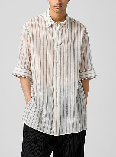 Yohji Yamamoto: La longue chemise ray&eacute;e manches courtes Blanc pour homme