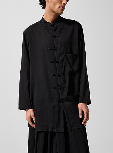Yohji Yamamoto Black Officer collar elongated tie-up shirt for men