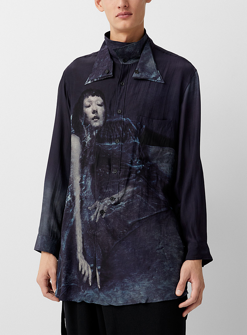 Yohji Yamamoto Marine Blue Triple collar silky print shirt for men