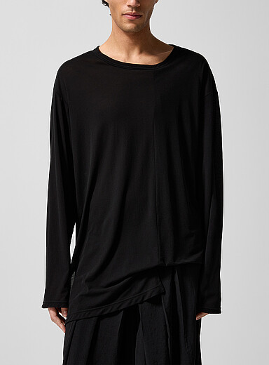 Yohji Yamamoto: Le t-shirt manches longues asym&eacute;trique Noir pour homme