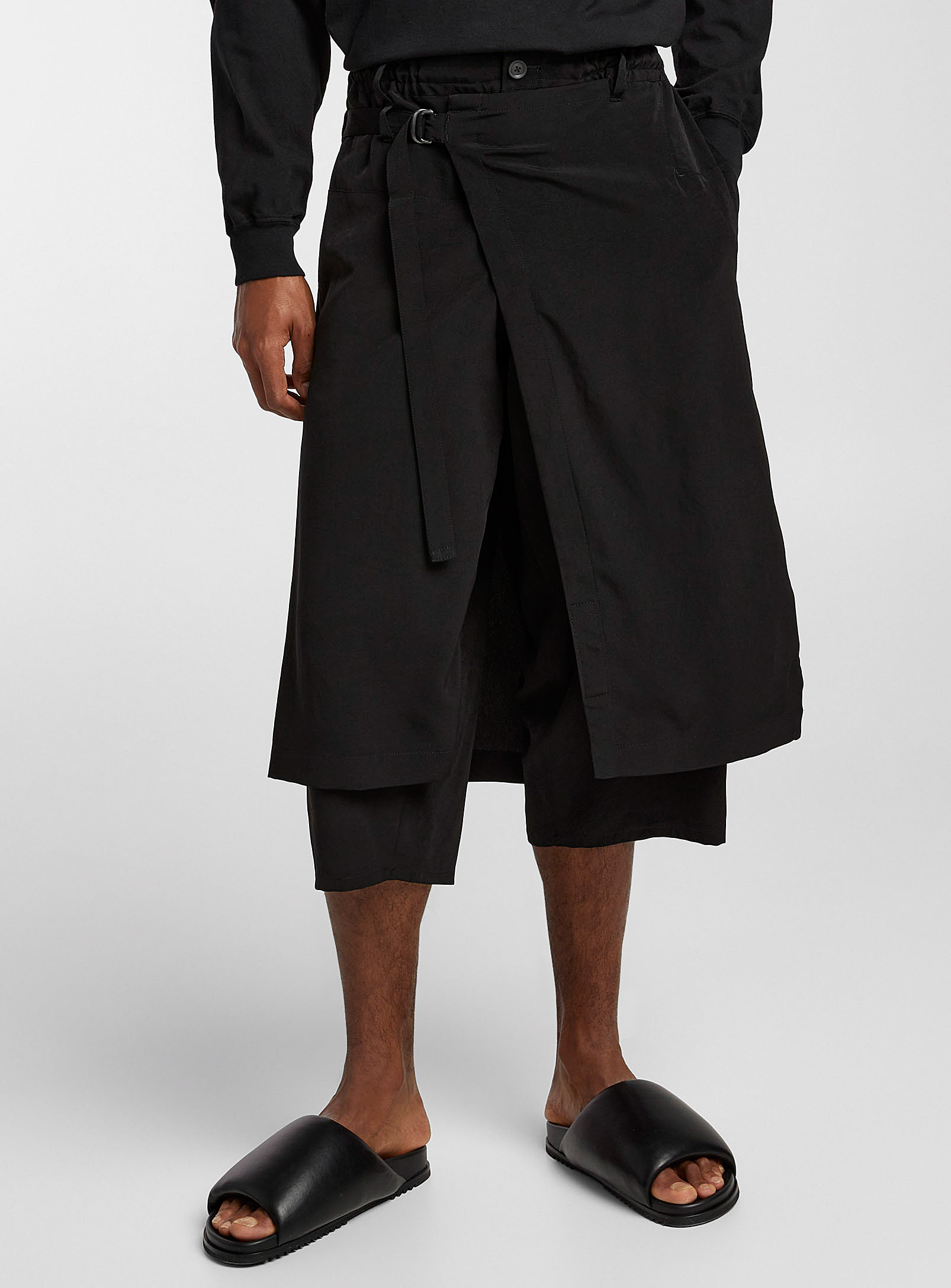Shop Yohji Yamamoto Layered Skirt Silky Pant In Black