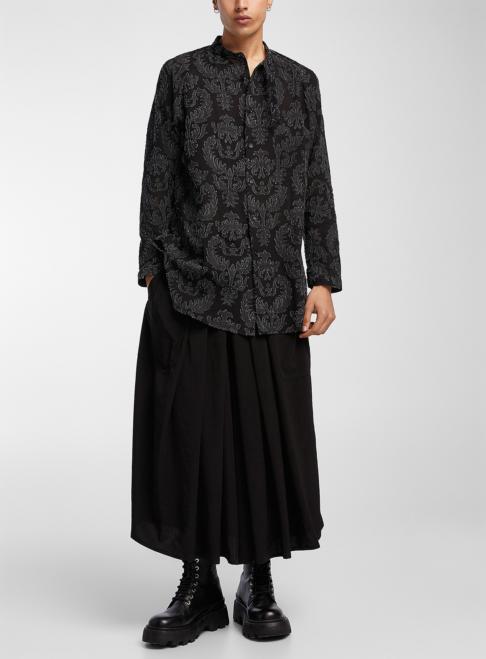 Yohji Yamamoto Mandarin Collar Print Shirt In Black