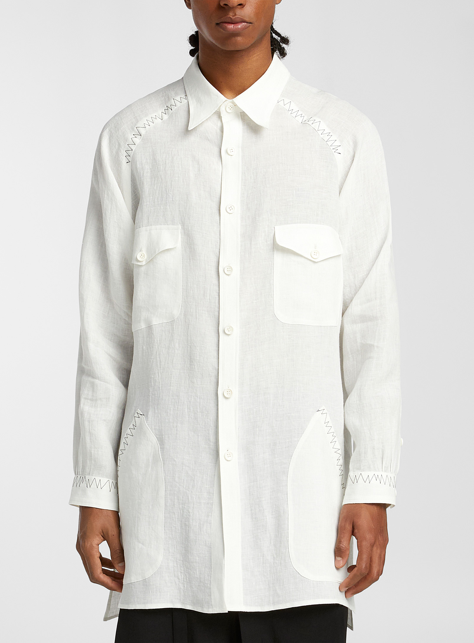 Shop Yohji Yamamoto Graphic Stitching Long Linen Shirt In Black