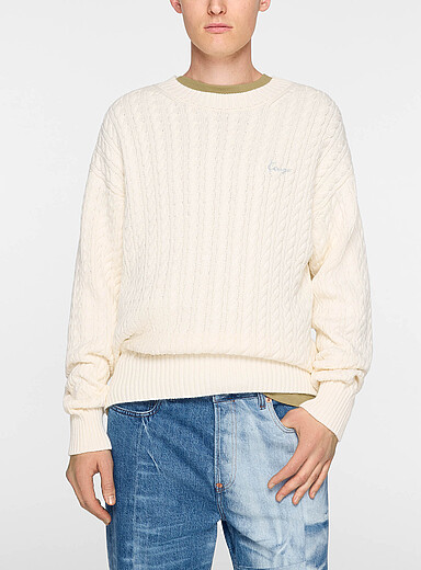 Kenzo: Le chandail tricot c&acirc;ble logo brod&eacute; Blanc cass&eacute; pour homme