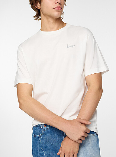 Kenzo: Le t-shirt signature cursive brod&eacute;e Blanc cass&eacute; pour homme