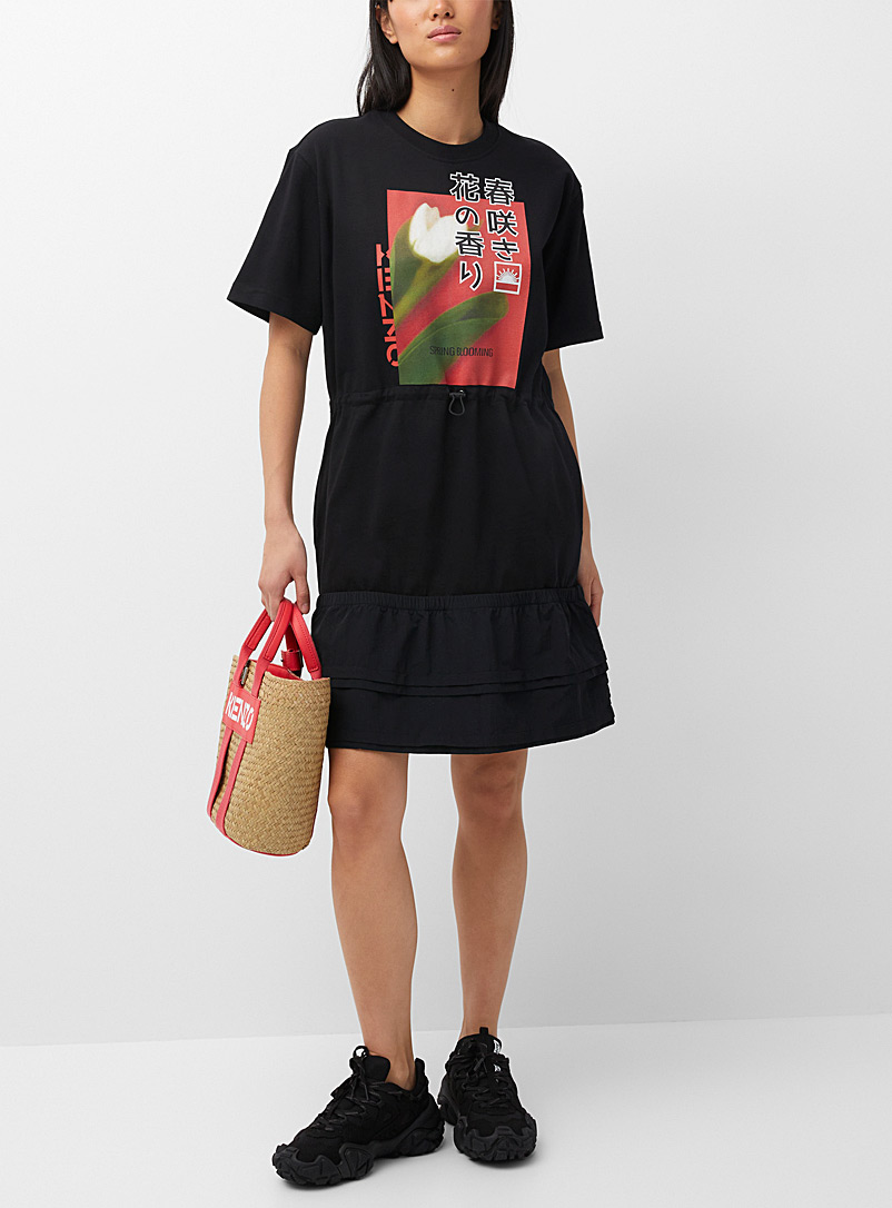 Kenzo: La robe t-shirt Spring Blooming Noir pour femme