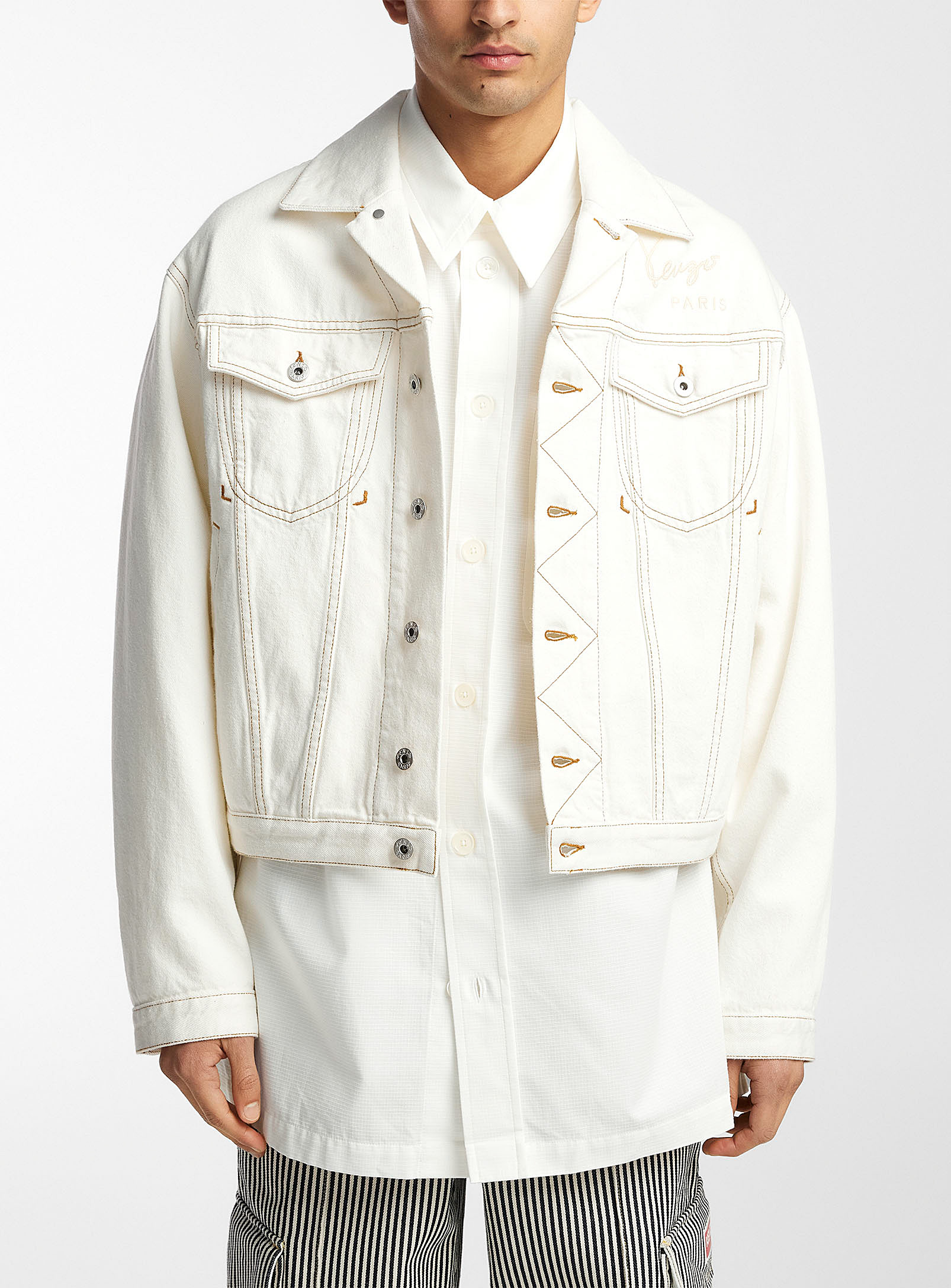 Shop Kenzo Créations Embroidered Trucker Jacket In Off White