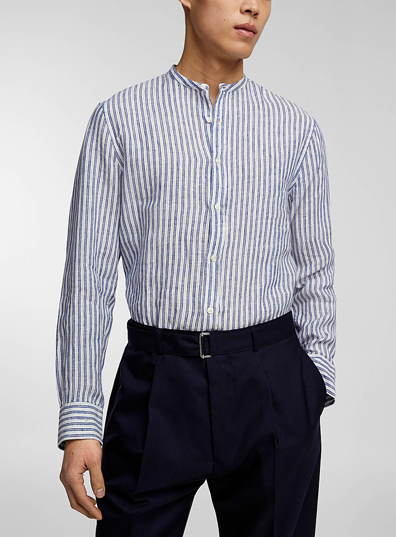 Officine Générale Patterned Blue Gaston striped linen-hemp blend shirt for men