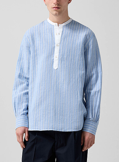 Officine G&eacute;n&eacute;rale Patterned Blue Auguste officer collar striped slip-on shirt for men