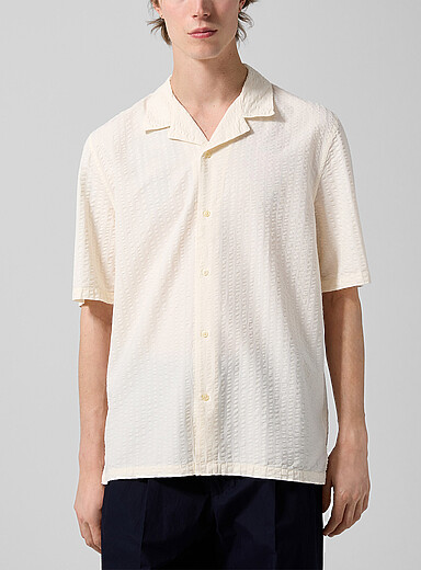 Officine G&eacute;n&eacute;rale: La chemise cabana seersucker Eren Blanc cass&eacute; pour homme