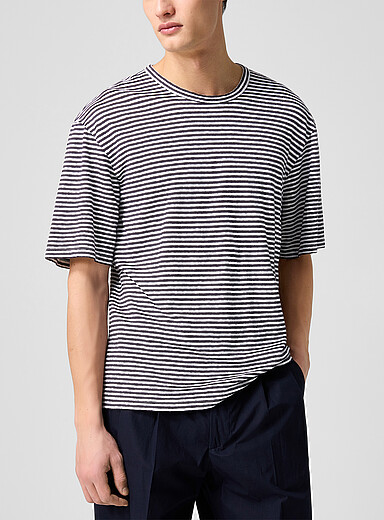 Officine G&eacute;n&eacute;rale Patterned Blue Elden cotton-linen striped T-shirt for men