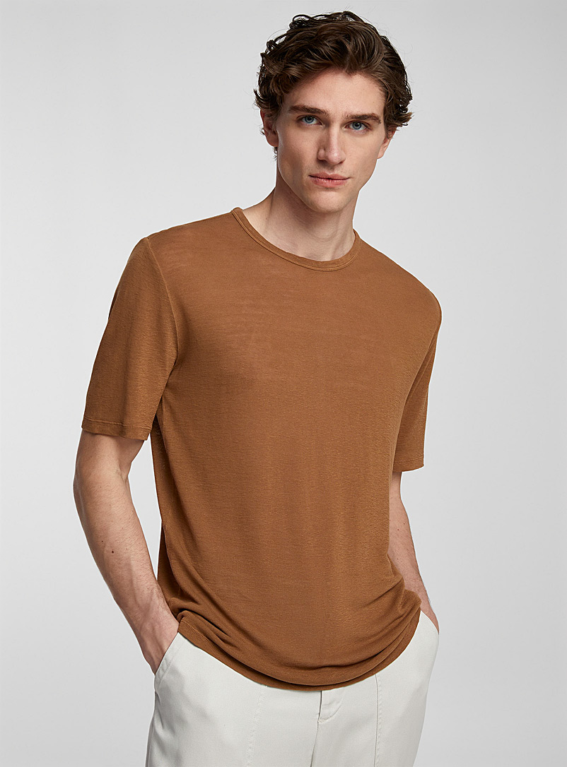Officine Générale Brown Lyocell and linen T-shirt for men