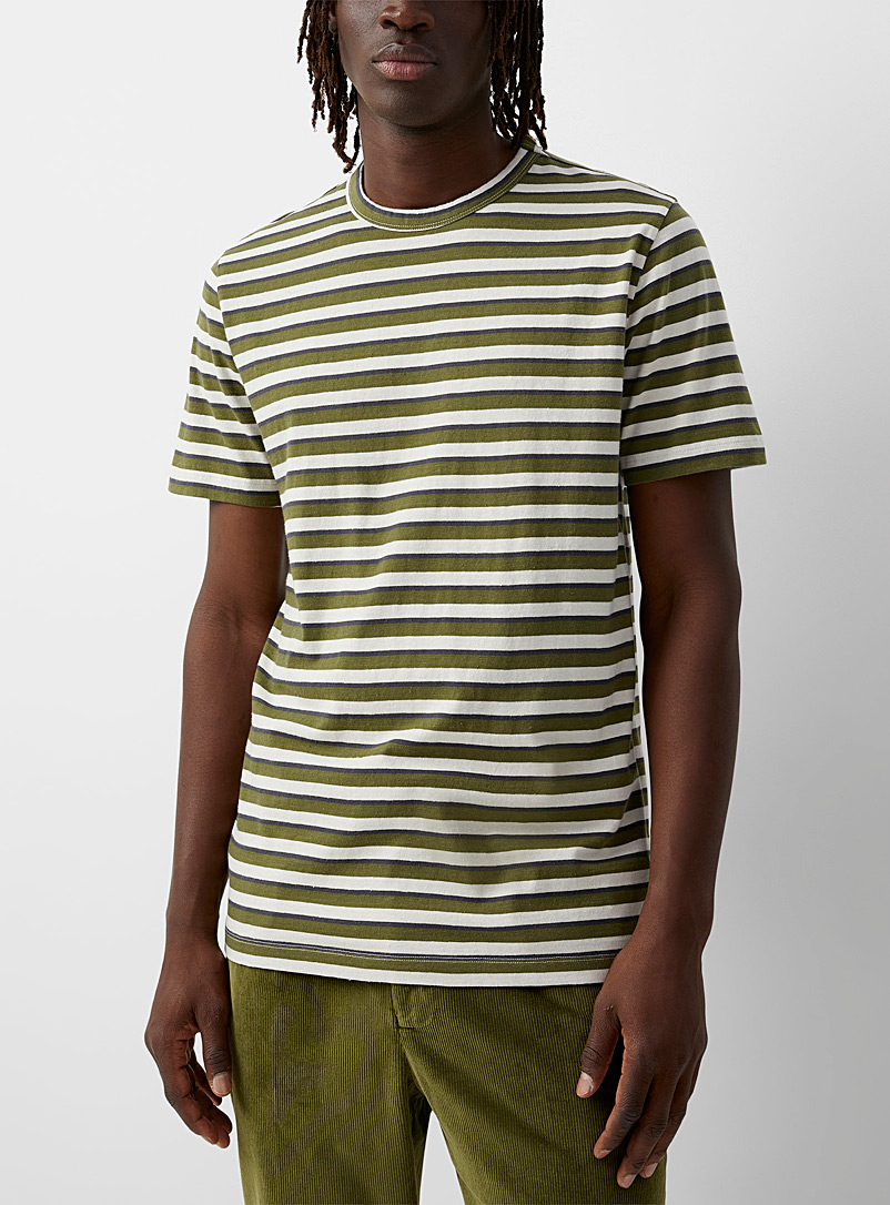 Officine Générale Cream Beige Three-tone stripes T-shirt for men
