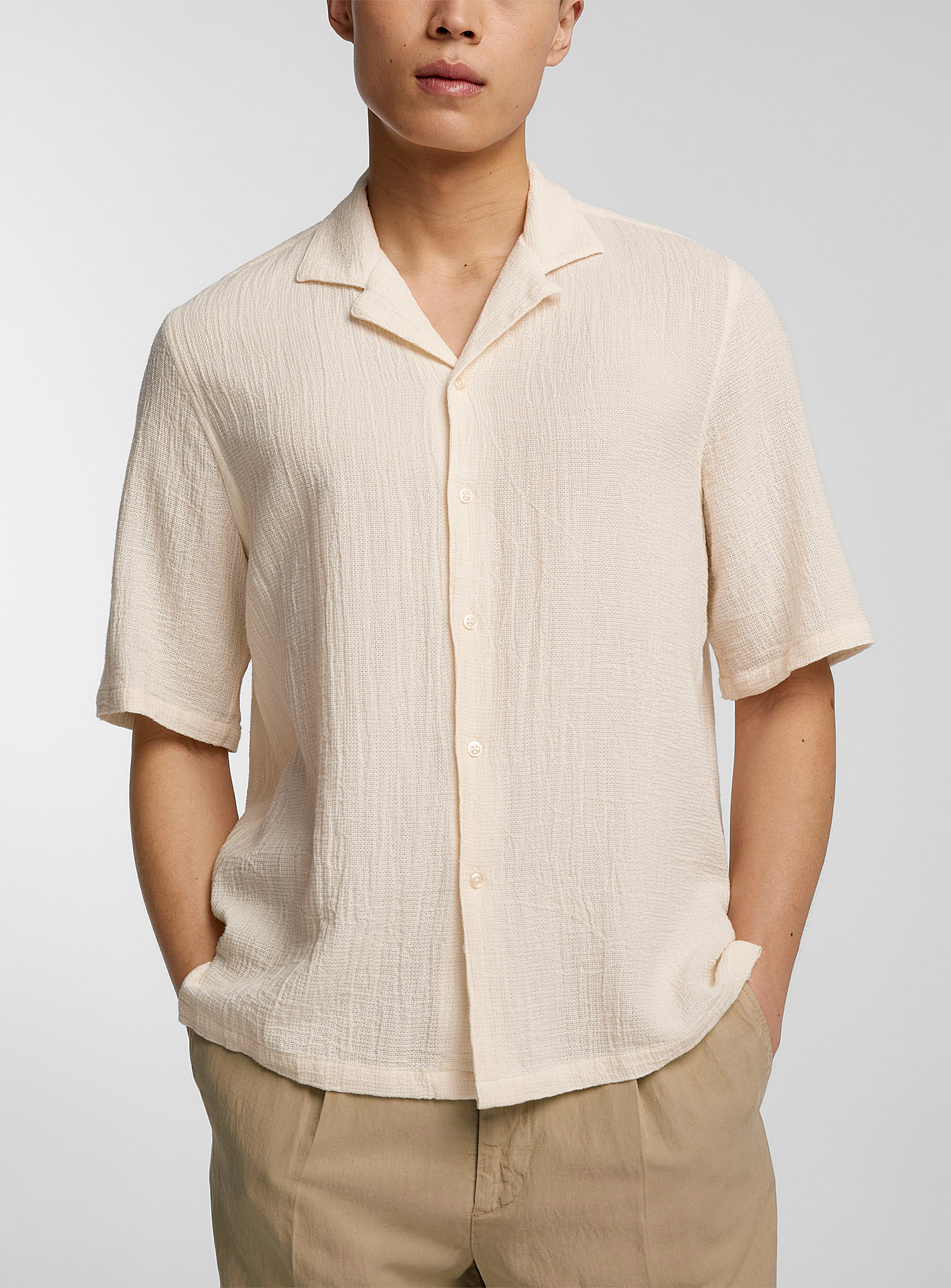 Officine Generale Eren Textured Cotton Shirt In Ivory White
