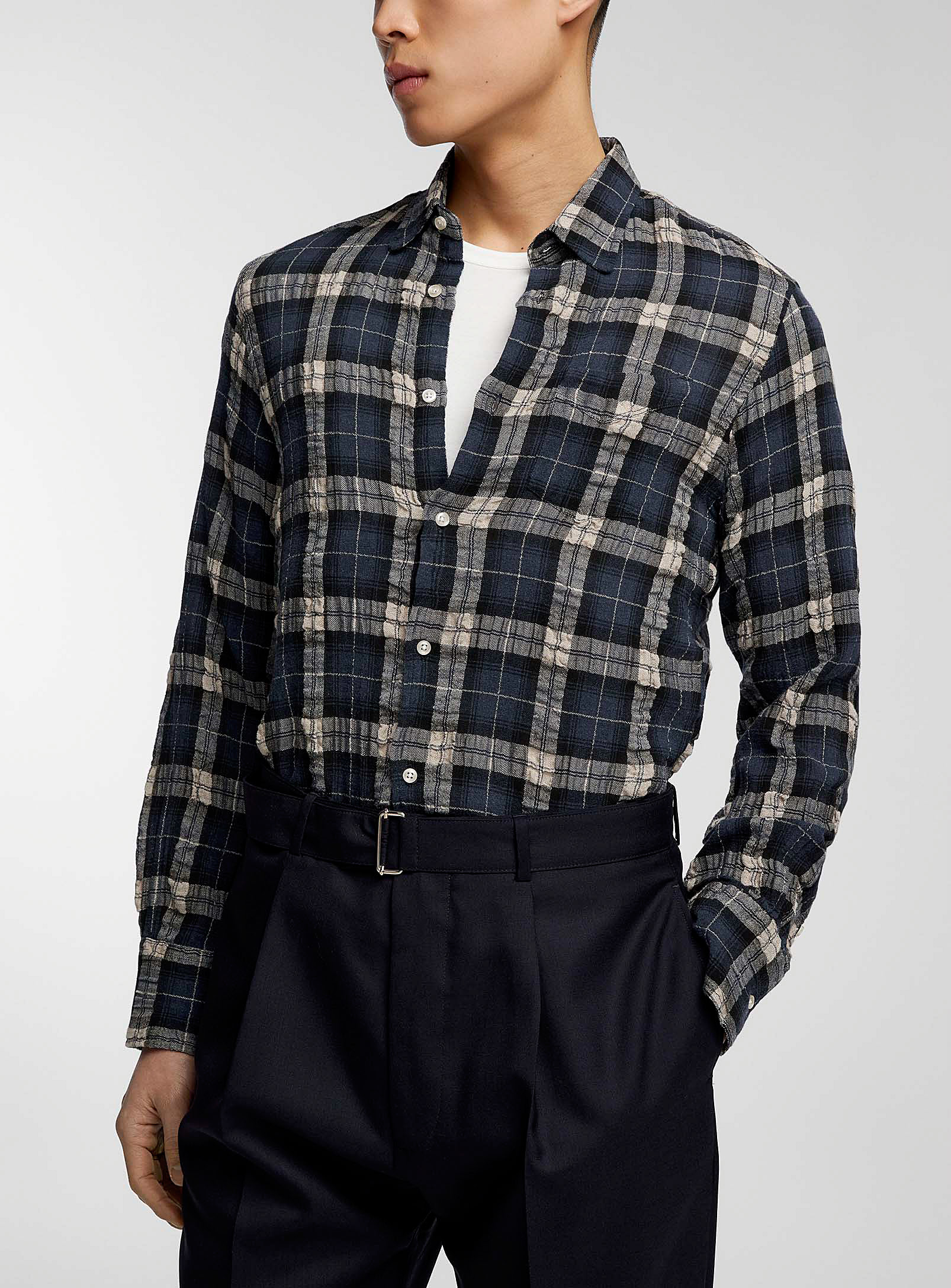 Shop Officine Generale Benoît Seersucker Cotton Checkered Shirt In Marine Blue