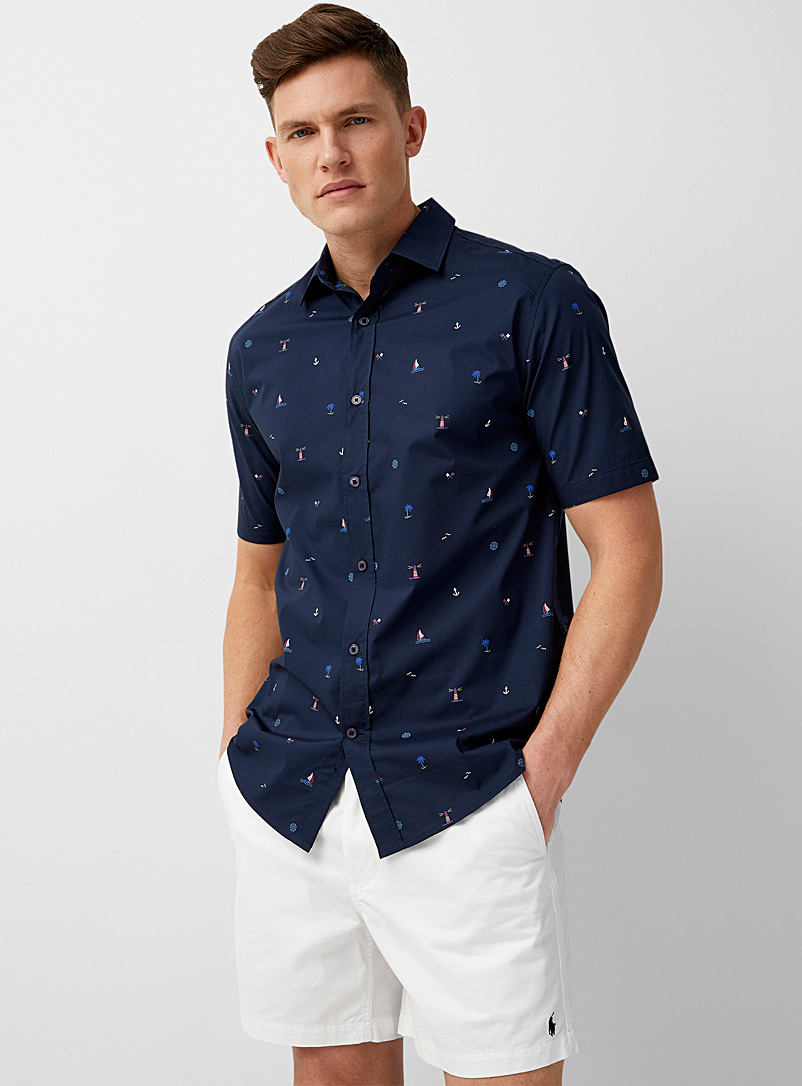 Le 31 Marine Blue Vacation mini-pattern shirt Modern fit for men