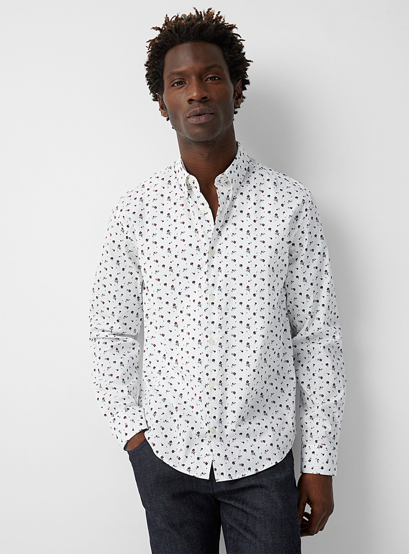 Le 31 Patterned White Mini-flower shirt Untucked fit for men