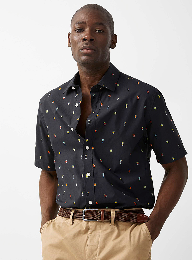 Le 31 Patterned Black Summer poplin shirt Modern fit for men