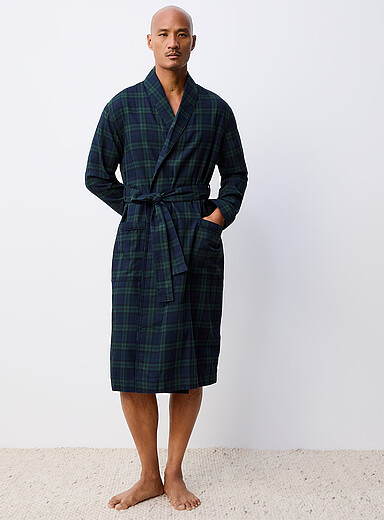 Le 31 Indigo/Dark Blue Checked flannel robe <b>Christmas Collection</b> for men