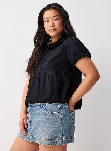 Twik Black Peplum waist Peter Pan collar blouse <b>In support of Tel-jeunes and Jack.org</b> for women