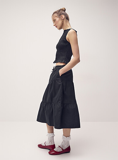 Tiered poplin midi skirt