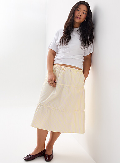 Twik Yellow - Stripe Tiered poplin midi skirt for women