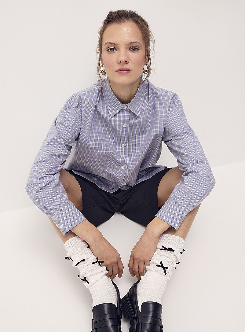 Twik Baby Blue Oversized patterned poplin shirt for women