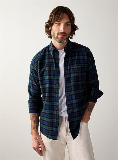 Le 31 Patterned Green Check flannel shirt <b>Comfort fit</b> for men