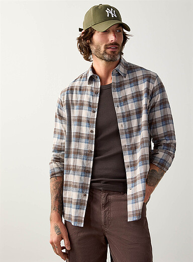 Le 31 Ecru/Linen Lightweight check flannel shirt <b>Modern fit</b> for men