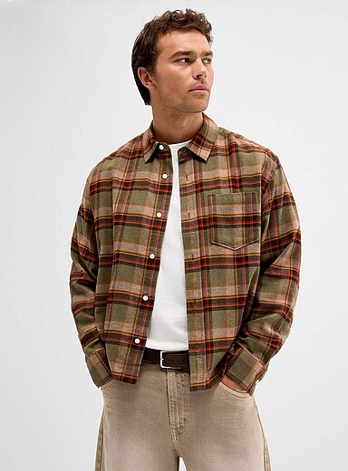 Le 31 Patterned Green Heritage check flannel shirt <b>Boxy fit</b> for men