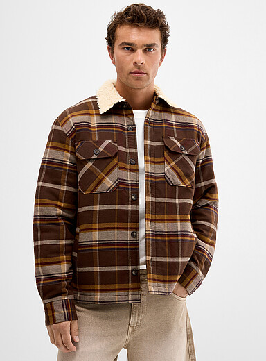 Le 31 Patterned Brown Fleece-lined check flannel overshirt <b>Oversized fit</b> for men