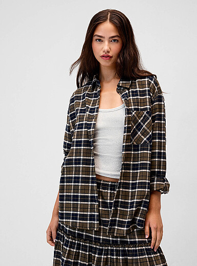 Twik Patterned Brown Checkered flannel loose-fit shirt for women