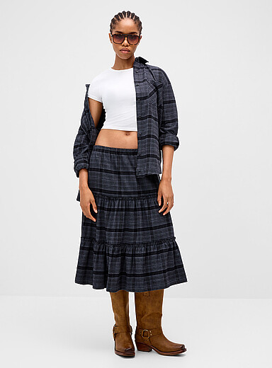 Twik Patterned Black Checked flannel tiered midi skirt for women