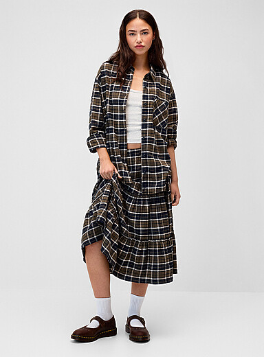 Checked flannel tiered midi skirt
