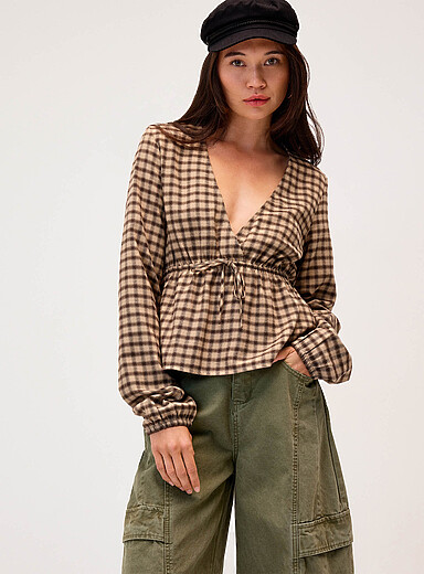 Checkered flannel peplum waist blouse