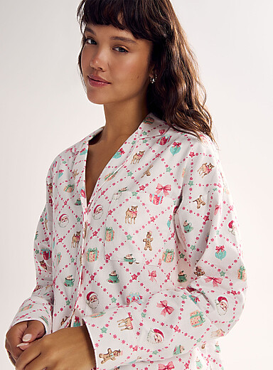 Miiyu x Twik: La chemise col crant&eacute; douce flanelle &agrave; motif <b>Collection de No&euml;l</b> &Eacute;cru &agrave; motifs pour femme