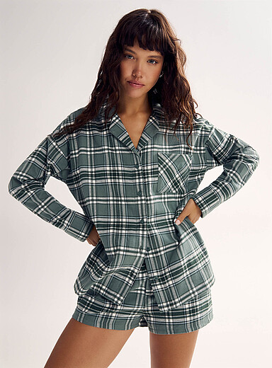 Miiyu x Twik: La chemise col crant&eacute; douce flanelle &agrave; motif <b>Collection de No&euml;l</b> Vert &agrave; motifs pour femme