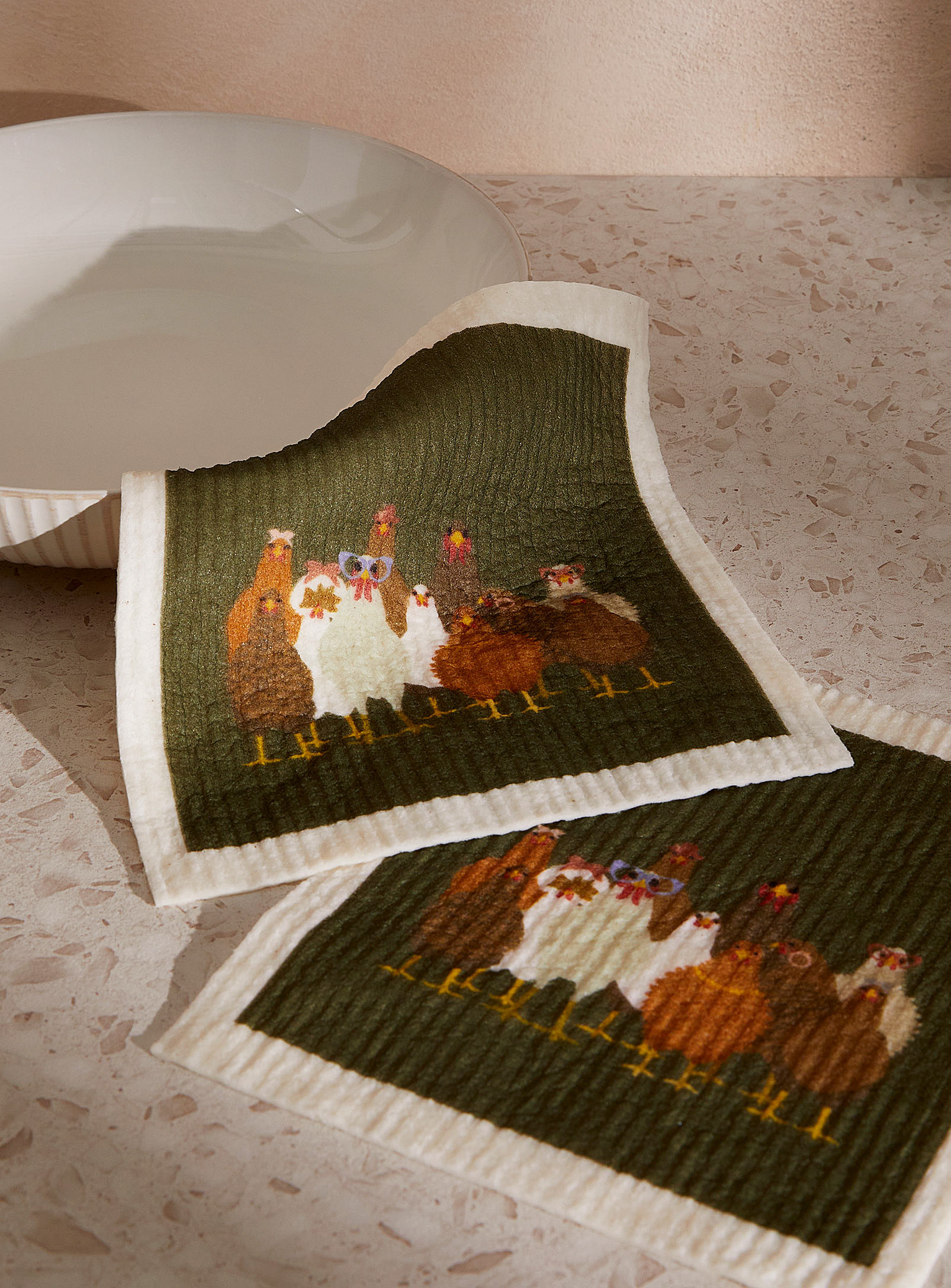Simons Maison Cute Chickens Sponge Cloths Set Of 2 In Assorted