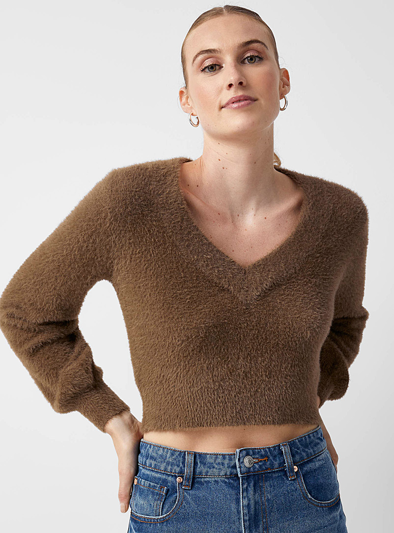 Icône Dark Brown Cropped V-neck chenille sweater for women