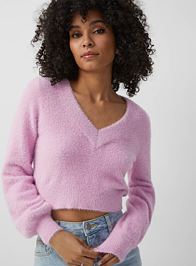 Cropped V-neck chenille sweater | Icône 