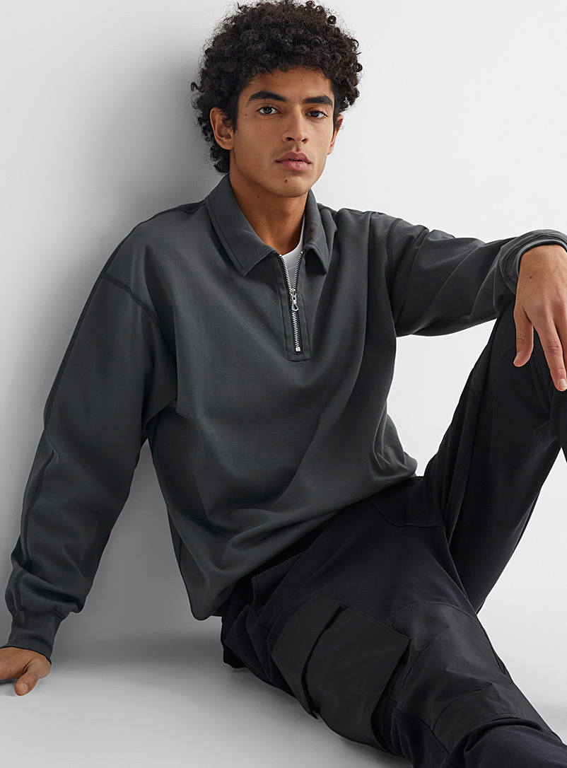 Zip polo-collar brushed sweatshirt 