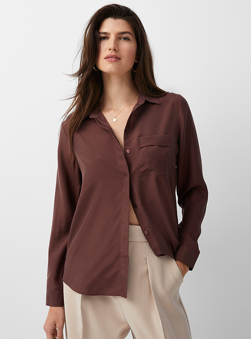 Contemporaine Dark Brown Patch-pocket pure silk shirt for women