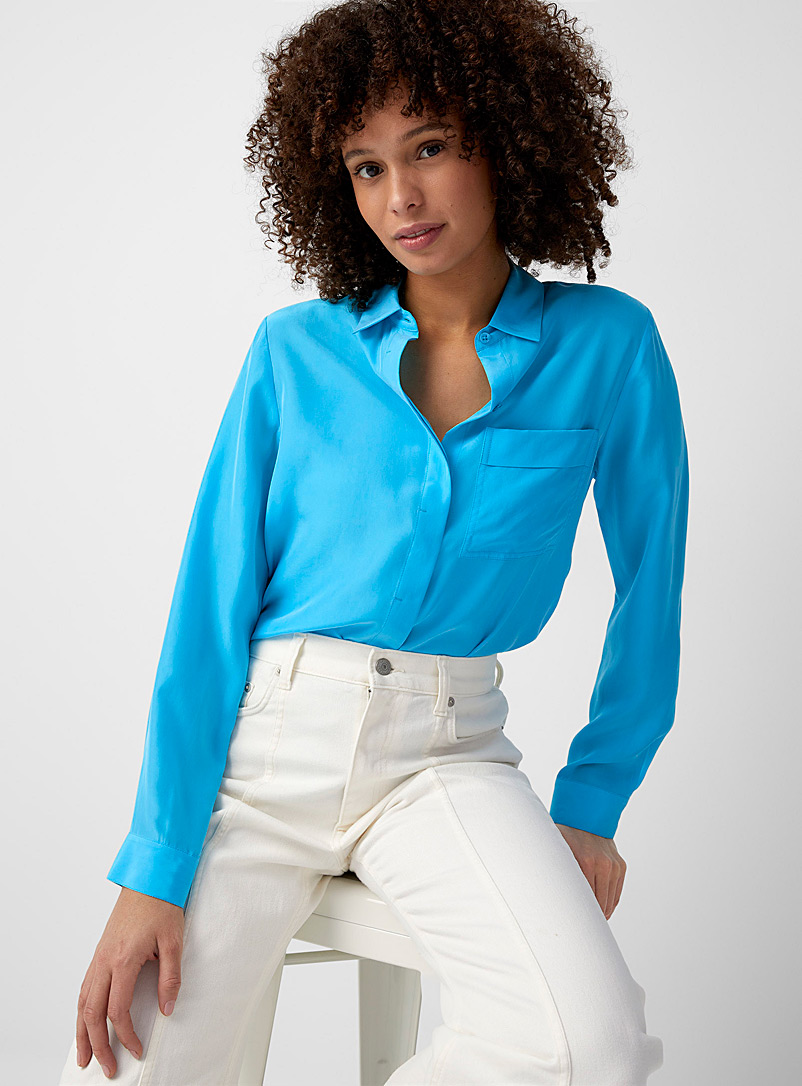Contemporaine Teal Patch-pocket pure silk shirt for women