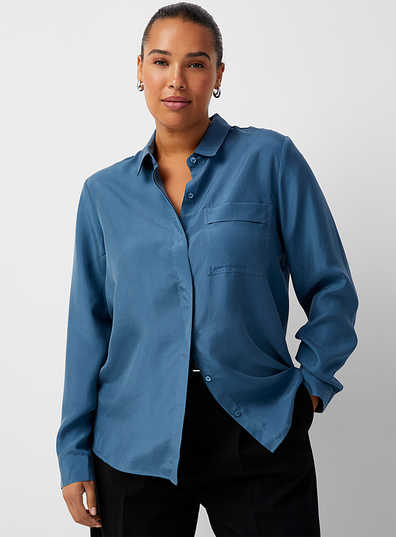 Contemporaine Patterned Blue Patch-pocket pure silk shirt for women