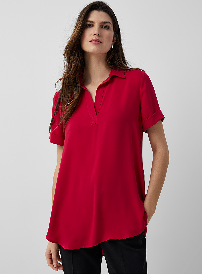 Contemporaine Cherry Red Fluid Johnny-collar tunic for women